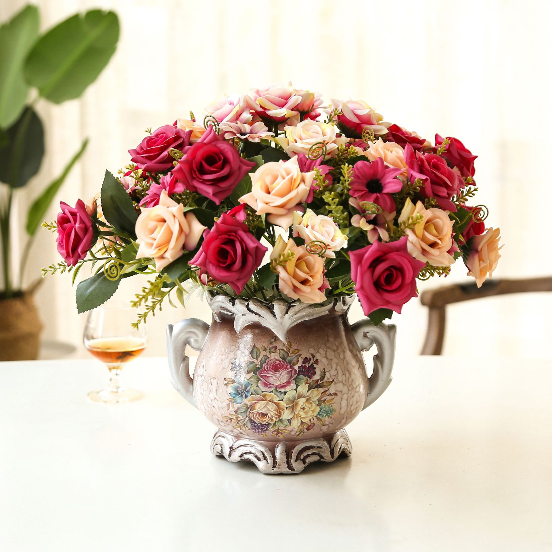 厂家批发婚庆仿真花新款花束欧式油画卷边玫瑰花高档假花装饰花艺