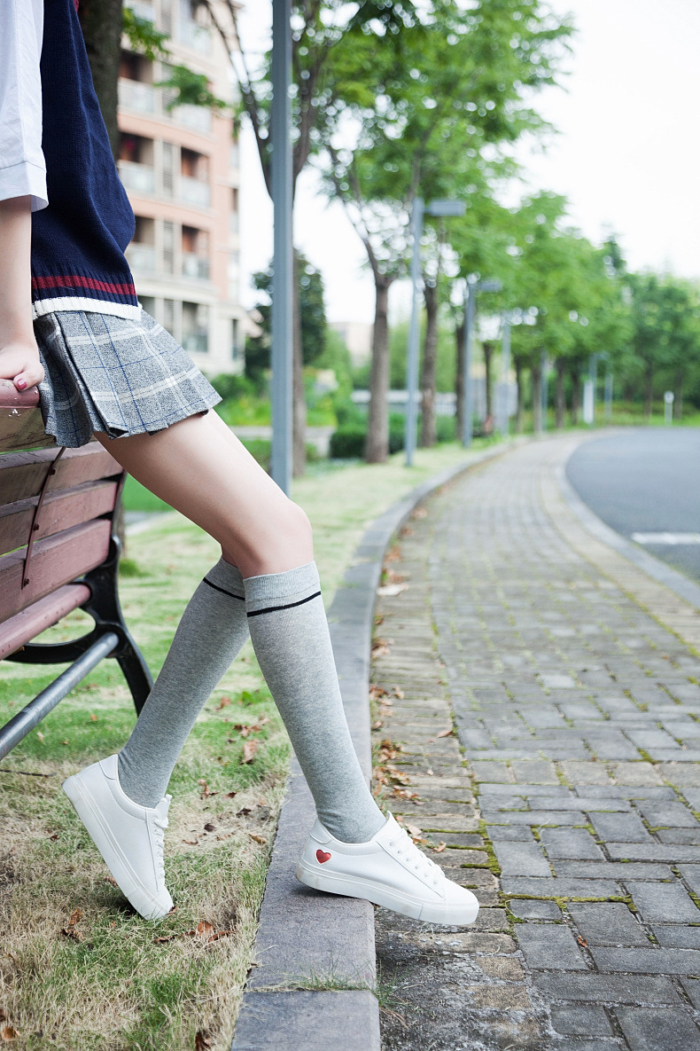 2019秋冬新品全棉单杠条纹长筒袜女小腿学生及膝袜日系甜美学院风