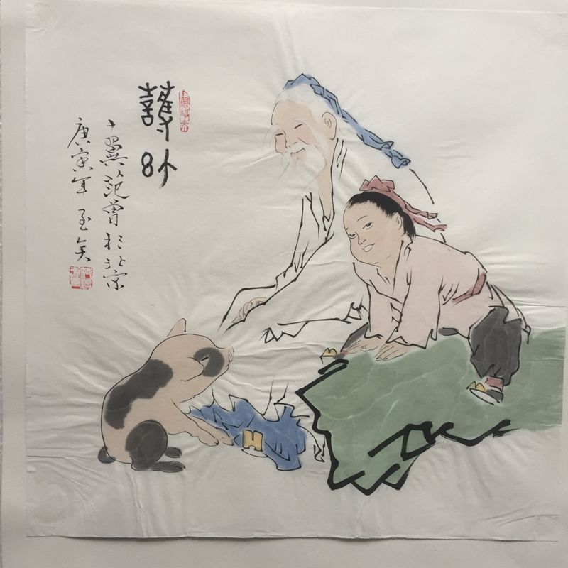 批发做旧宣纸仿范曾名作人物画童趣猪国画 斗方小品字画纯手绘