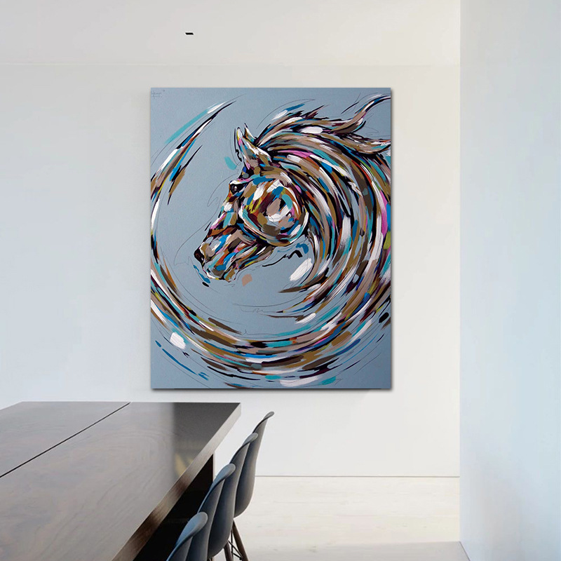 美式纯手绘抽象动物装饰画 酒店装饰油画 定制挂画 炫彩流动骏马
