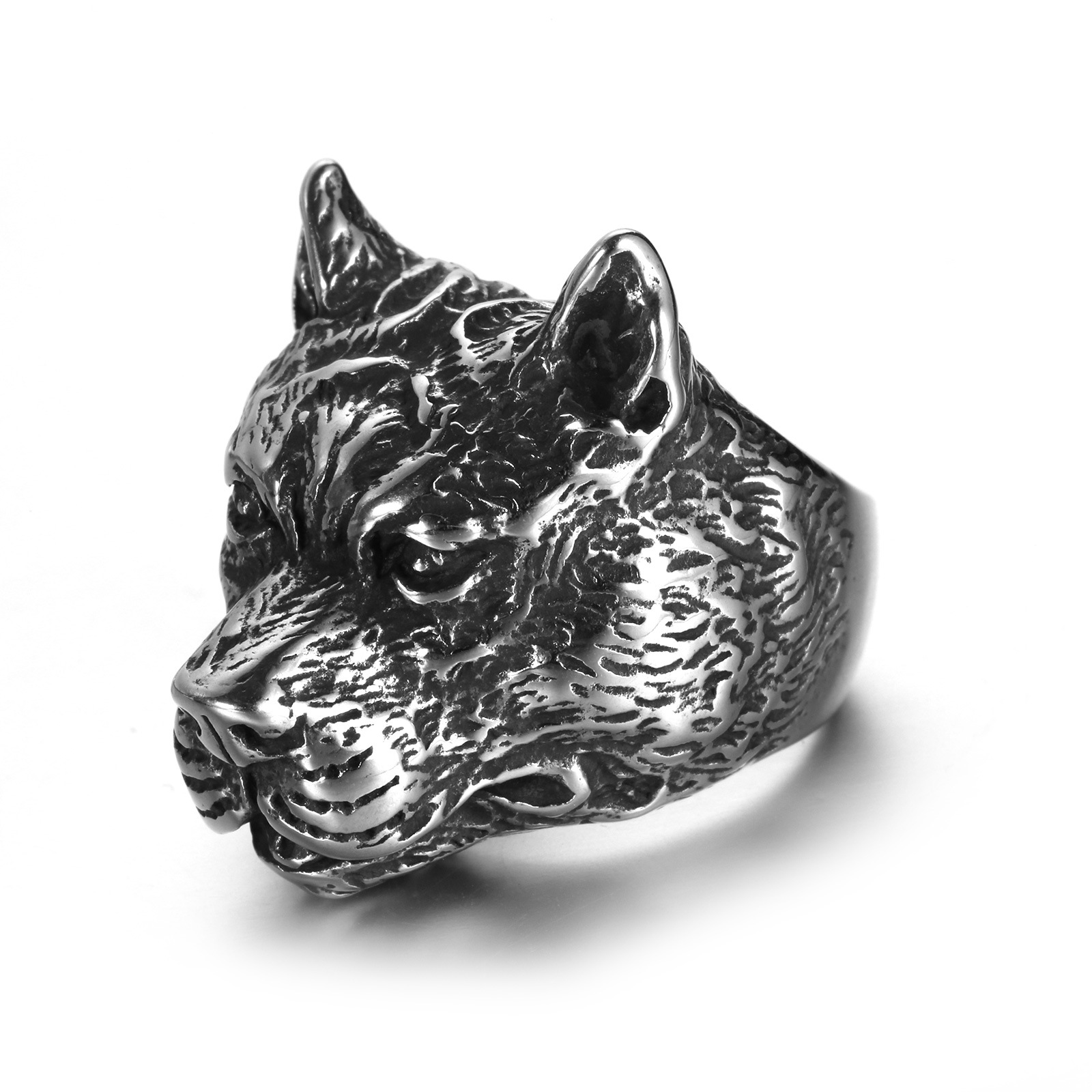 跨境电商饰品批发 不锈钢男士动物 黑金色狗头钛钢戒指 礼物