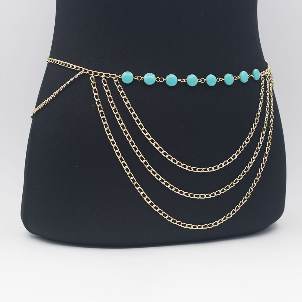 时尚新款女士性感金属多层流苏仿松石 腰链饰品