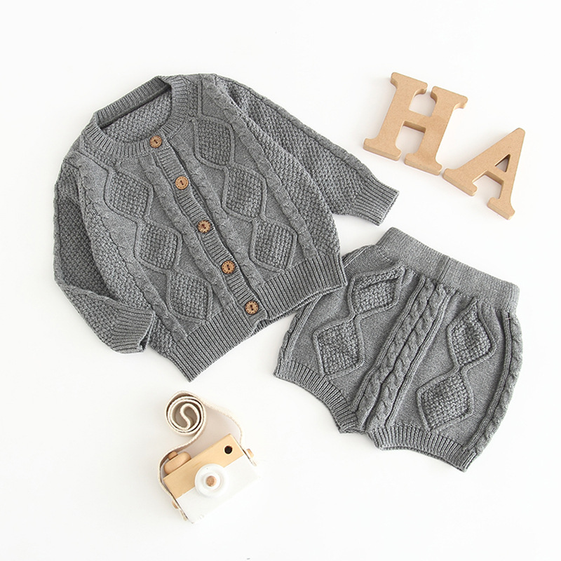 Angou Spring Baby Boys and Girls Baby Rhombus Sweater Cotton Cardigan Suit Long Sleeve Thermal Outdoor Clothes