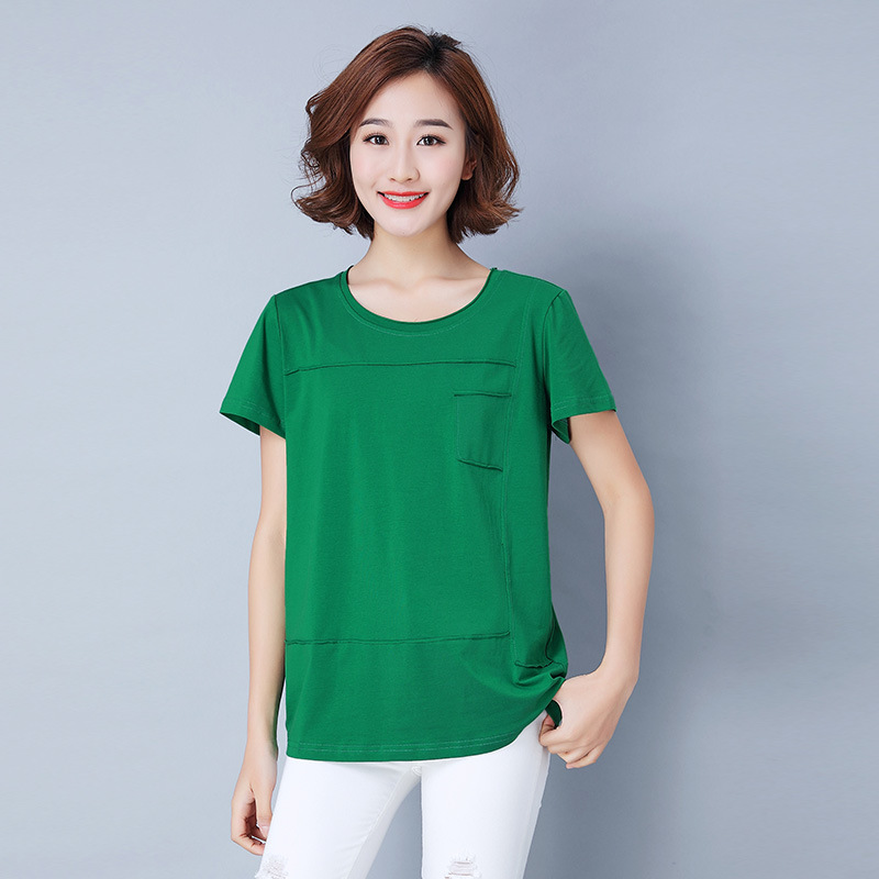 大码女装短袖t恤女宽松中年夏装胖mm加肥加大码休闲圆领全棉体恤