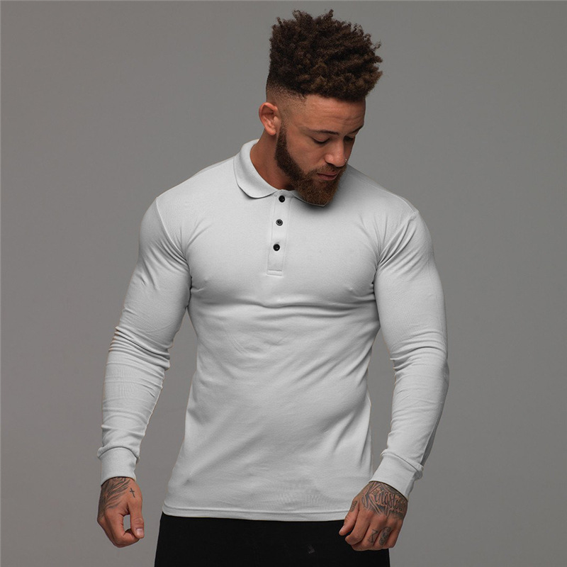 欧美肌肉男polo衫秋冬运动长袖翻领男士健身紧身衣跑步训练服棉