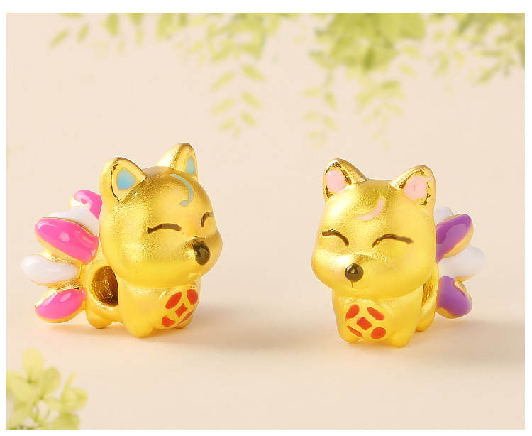 黄铜镀黄金3d金色桃花运礼物 老挝砂金转运珠九尾狐皮绳手链女