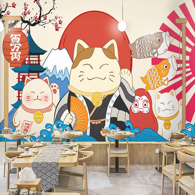 3d日式浮世绘壁纸和风料理寿司店餐厅榻榻米背景墙手绘招财猫墙纸