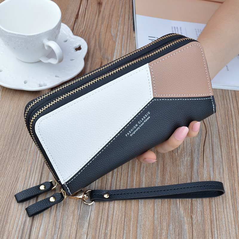 Double Zip Wallet Women‘s Long Large-Capacity Handbag Double-Layer Wallet Korean-Style Stitching Contrast Color Change and Mobile Phone Bag