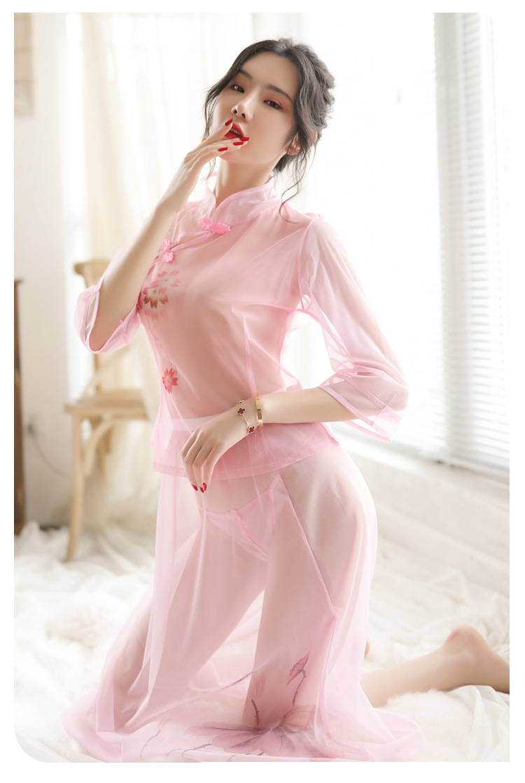 跨境情趣内衣性感网纱民国学生装 复古长裙刺绣旗袍风一件代发