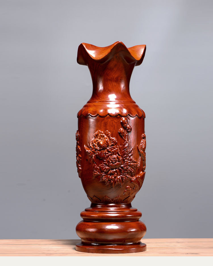 花梨木雕刻花瓶摆件客厅插花新中式家居办公室装饰红木工艺品乔迁