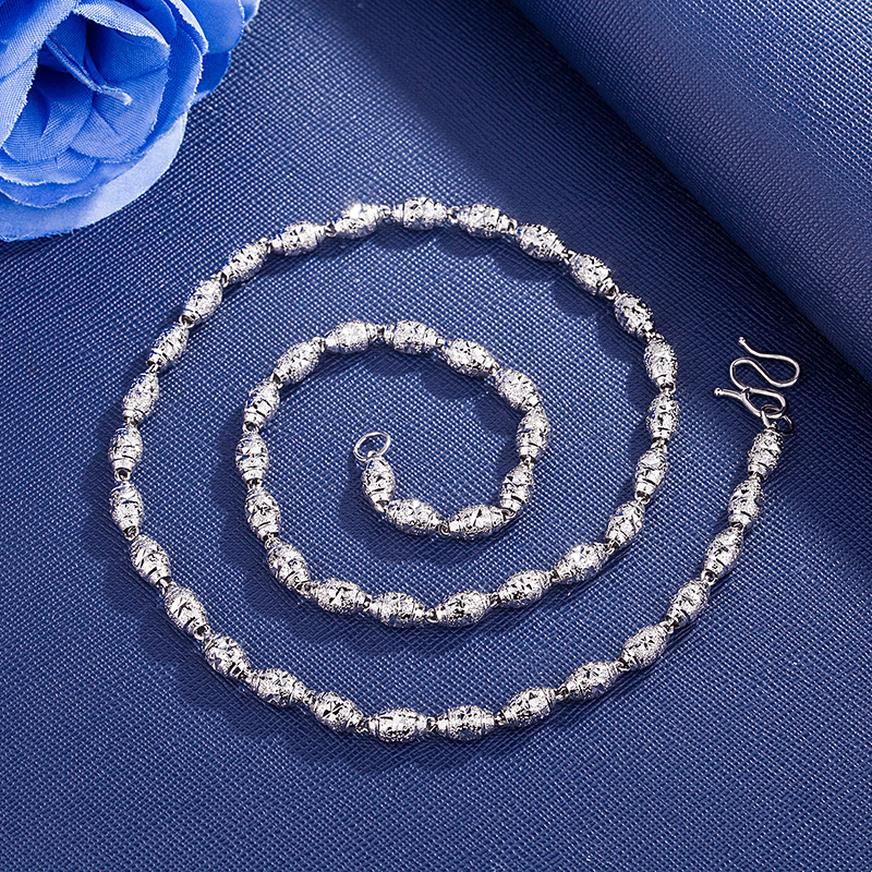 韩版银项链男士潮男霸气转运珠珠链圆珠链橄榄三珠项链白银饰品