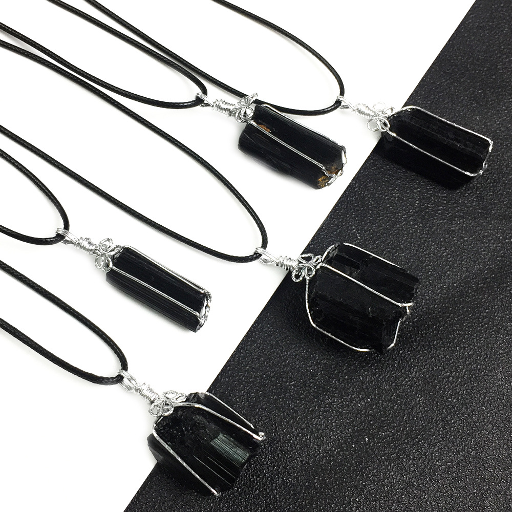 天然水晶黑碧玺原石吊坠绕丝黑碧玺电气石柱原石原矿吊坠