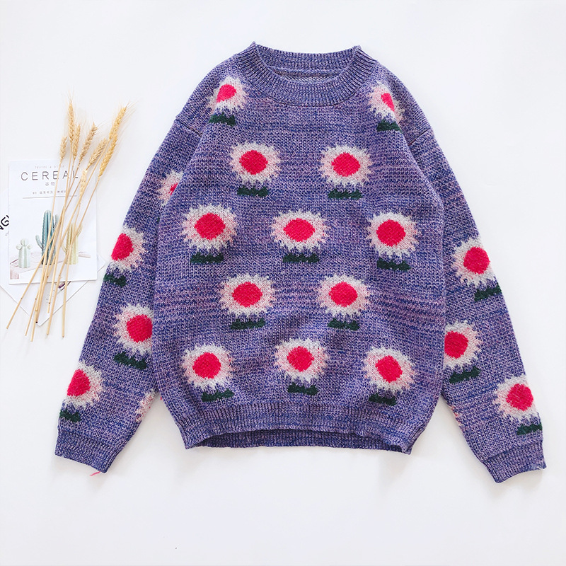 法式小众复古花朵慵懒风少女紫太阳花圆领套头毛衣加厚秋冬女装