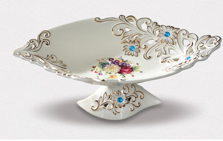 描金陶瓷果盘客厅茶几装饰摆件现代创意零食盘欧式彩绘水果盘