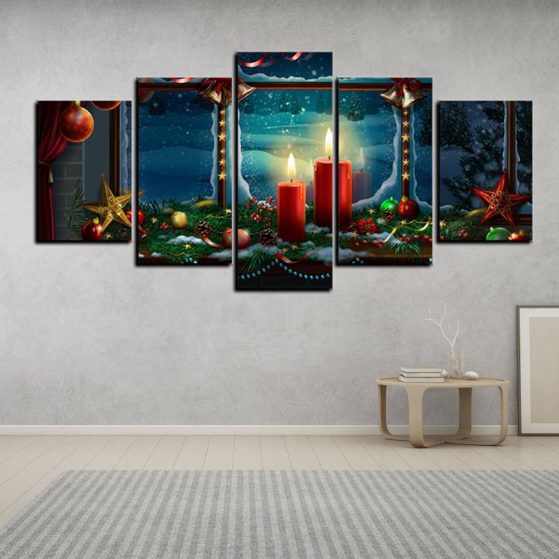 五联圣诞红蜡烛电脑喷绘油画速卖通亚马逊wish装饰画