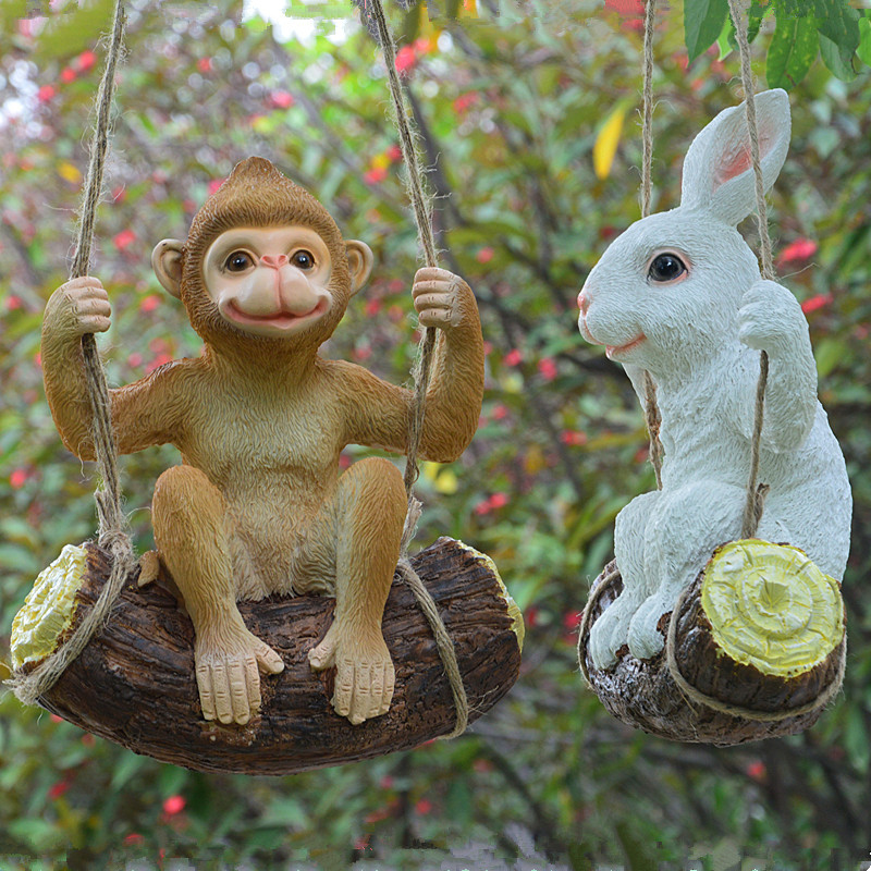 跨境货源荡秋千兔子动物吊件树脂工艺品树上猴挂件幼儿园店铺软装