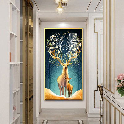 玄关装饰画入户招财风水过道走廊竖版现代简约轻奢简装鹿挂墙壁画