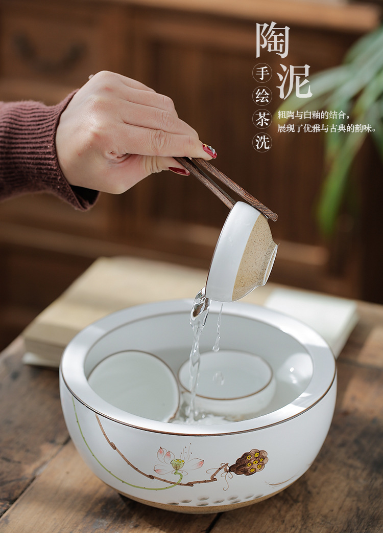 手绘茶洗大号 杯洗功夫茶具陶瓷建水景德镇手绘茶洗大号水洗