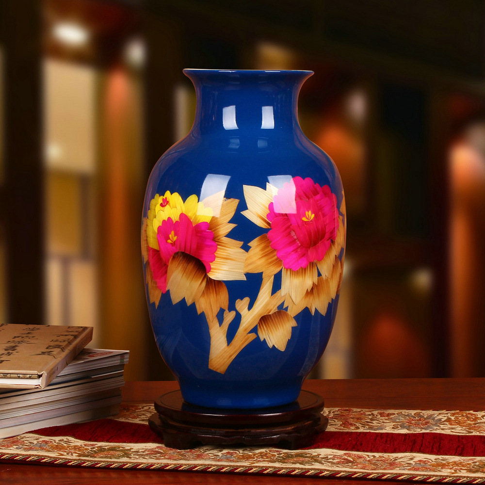 景德镇陶瓷器花瓶 现代时尚家居富贵牡丹蓝冬瓜花瓶 工艺品摆件设