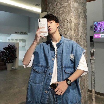 网红牛仔外套男无袖背心韩版潮流马甲开衫港风砍袖个性潮牌ins帅t