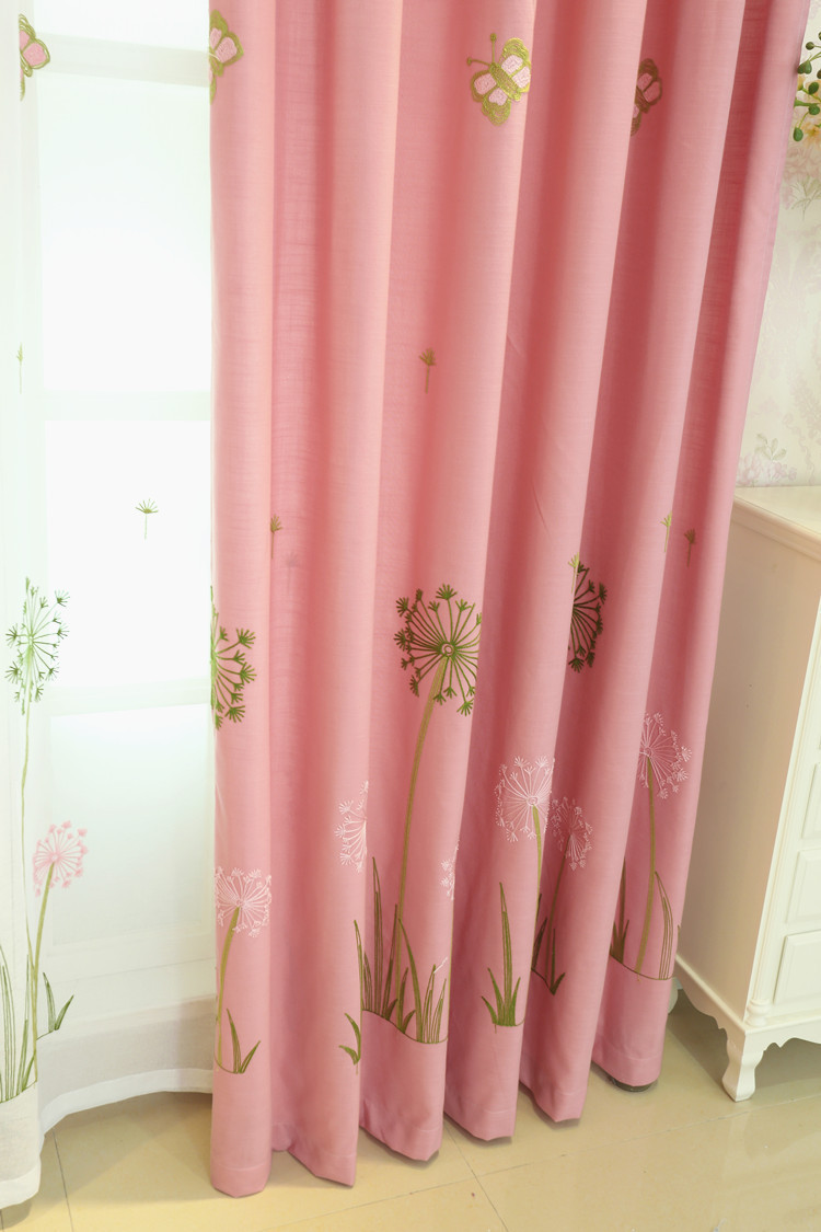 窗帘窗纱粉色蒲公英蝴蝶刺绣纱纱帘卧室儿童定制成品飘窗阳台布