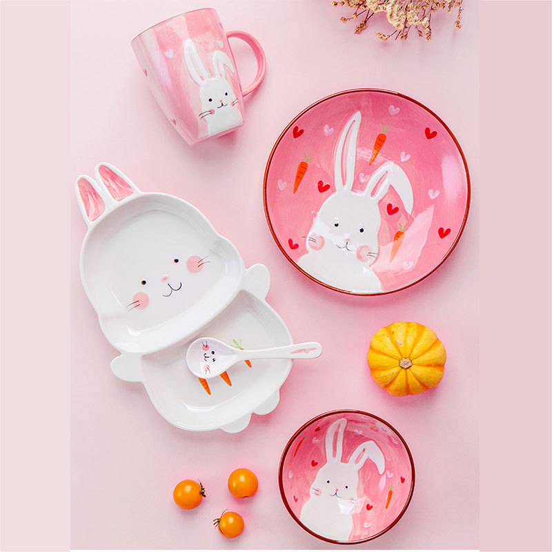 Nordic Trending Cartoon Creative Animal Rabbit Monkey Bear Deer Ceramic Bowl Plate Water Cup Spoon Children's Tableware Set Household