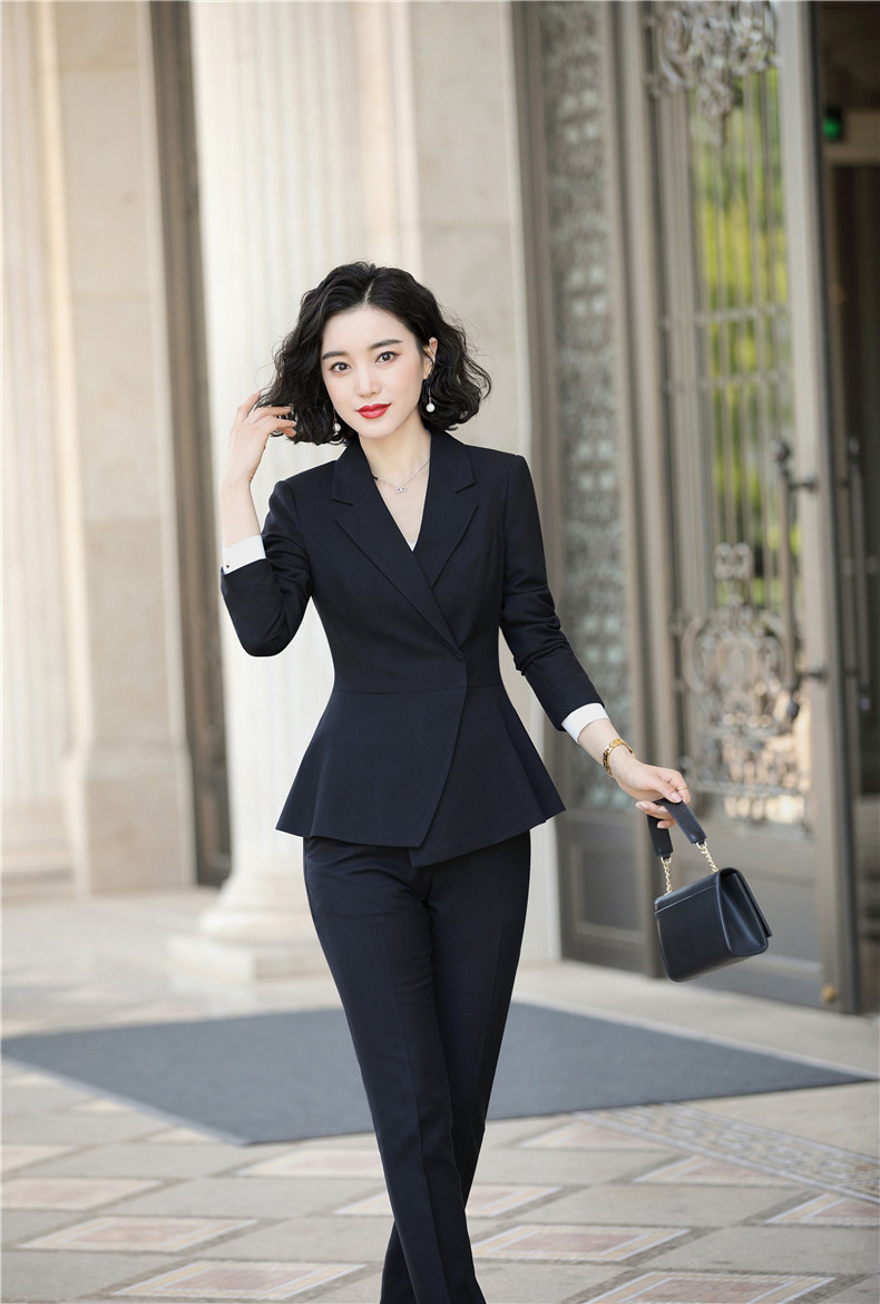 2019秋冬款职业套装女商务时尚气质韩版荷叶下摆修身小西服工作服