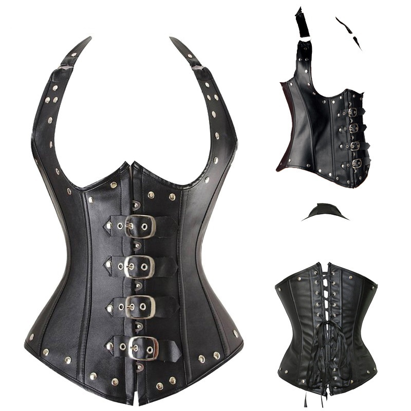 新款钢骨宫廷挂脖皮款塑身衣 束腰美体性感束身腰封腰夹女士内衣