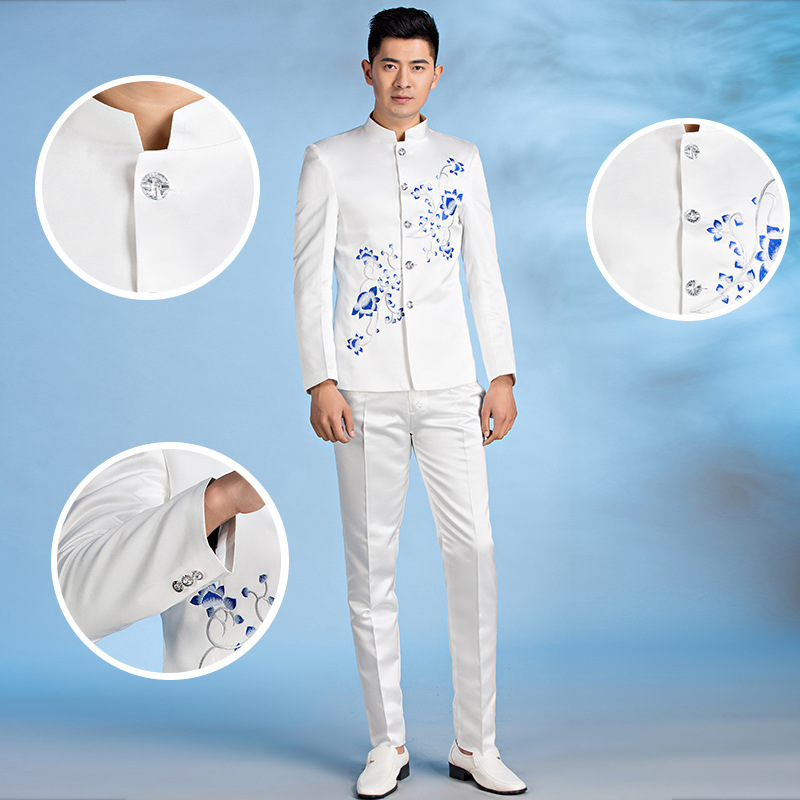 新款男士演艺修身舞台青年中山装礼服白色绣花立领中式演出服批发
