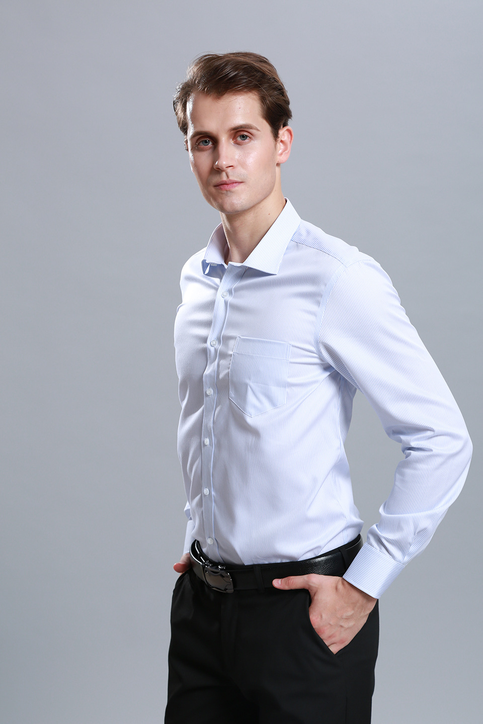 春秋季新款纯棉免烫长袖衬衫男士商务职业装条纹修身衬衣现货批发