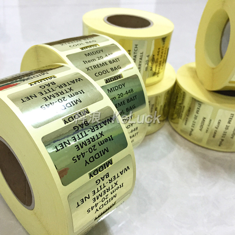 材质:光金pet(带背胶),光金不干胶.此材料需要碳带打印.