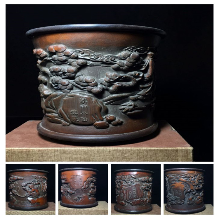 古玩杂项仿古做旧工艺品民俗竹雕文房用品人物笔筒家居摆件-阿里巴巴