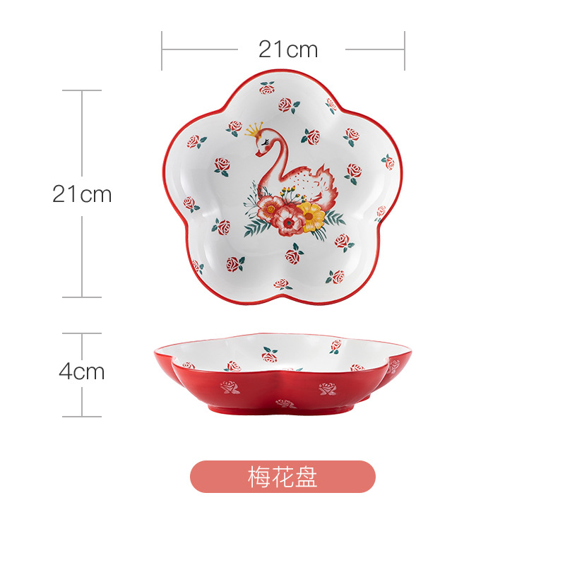 Crown Swan Heart-Shaped Plate Ceramic Plum Plate Household Single Handle Baking Plate Festive Chinese Red Cutlery Bowl and Plates Set