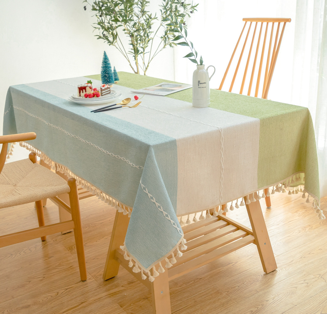 创意撞色条纹新款小清新棉麻桌布外贸直销经典绣花流苏家用茶几布