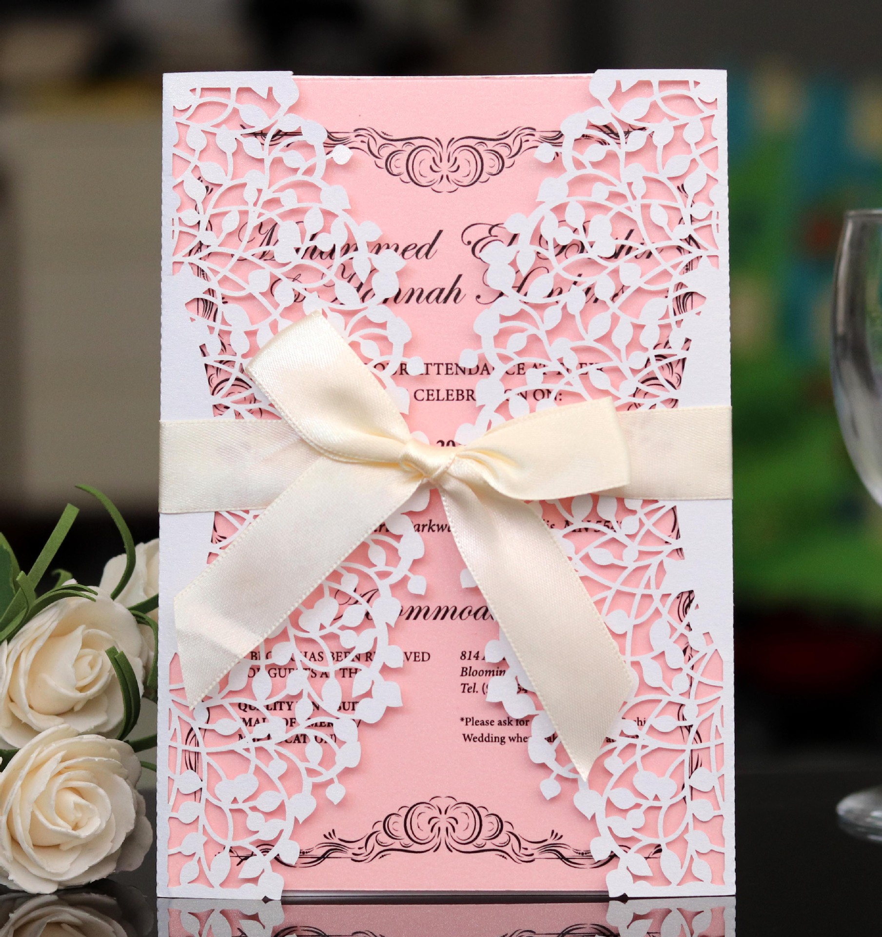 欧式激光镂空粉色树叶款请柬商务贺卡结婚邀请函定制请帖