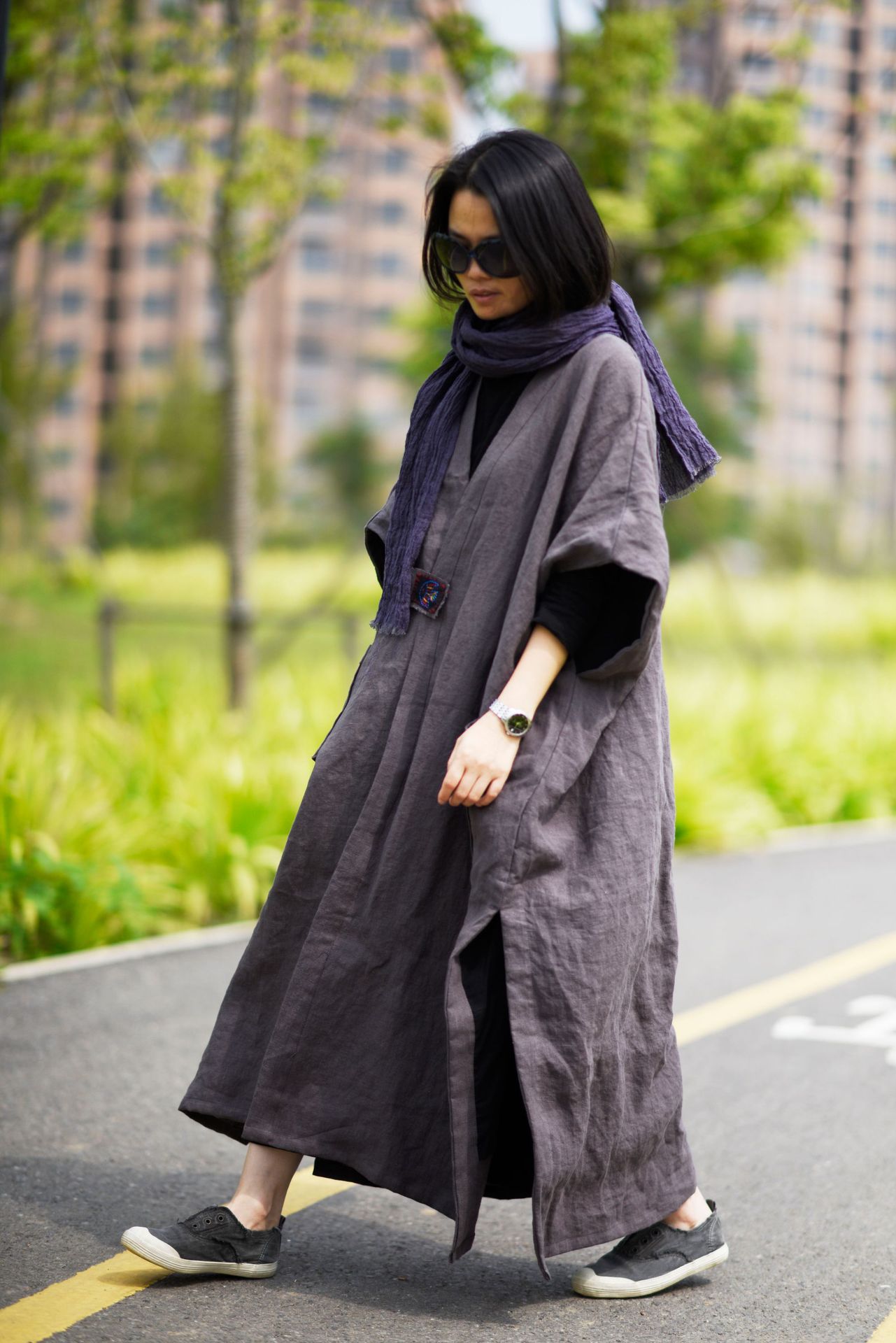 1909/隐 亚麻 深秋款厚实纹理加里衬粗犷颓废感披肩长袍风衣