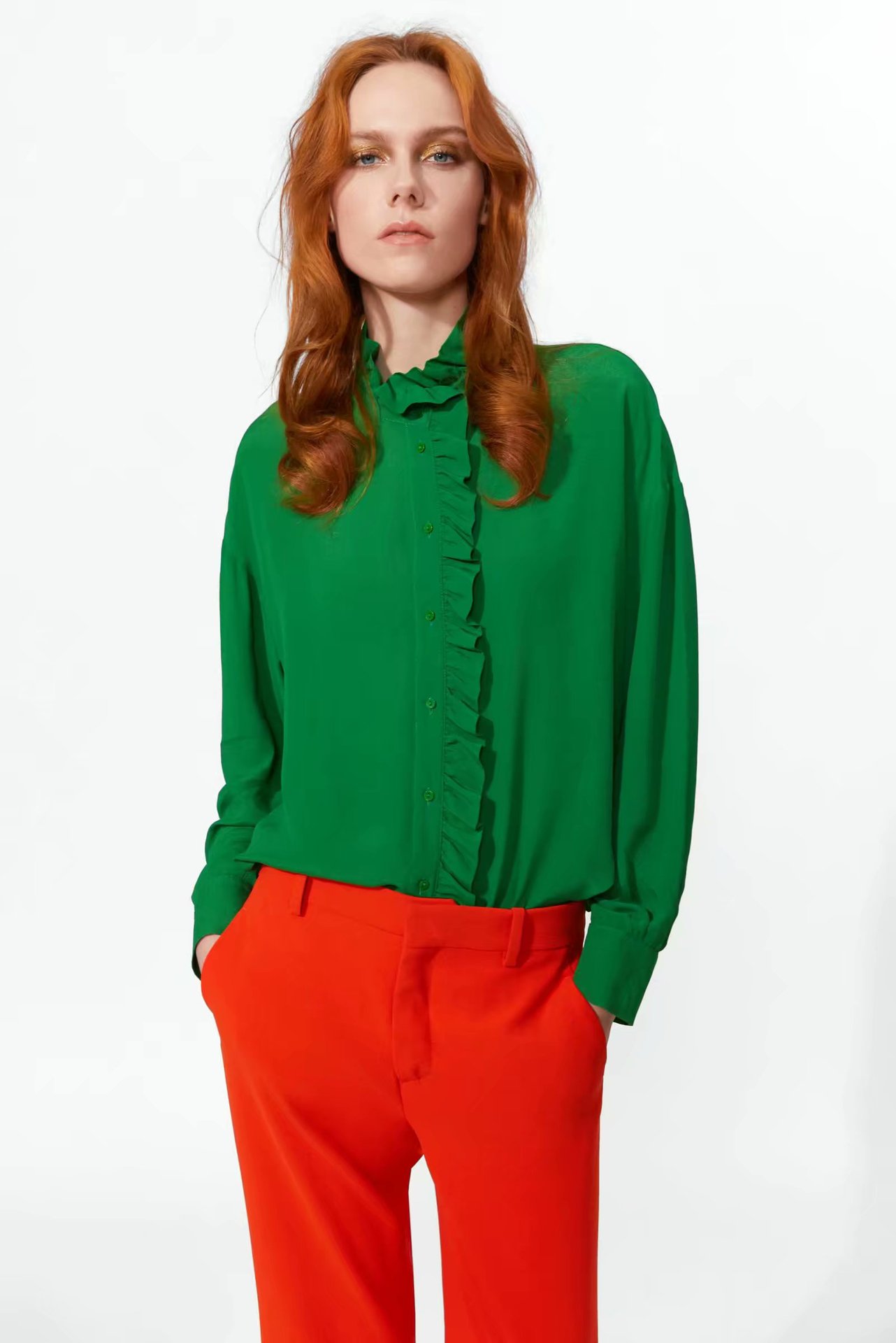 2019春夏新款欧洲站叠层装饰垂性衬衫 女式绿色衬衣 bgb9086