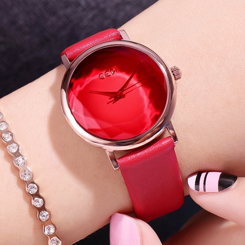歌迪新款女士跨境女款时尚个性女款手表大红色皮带闺蜜表石英表