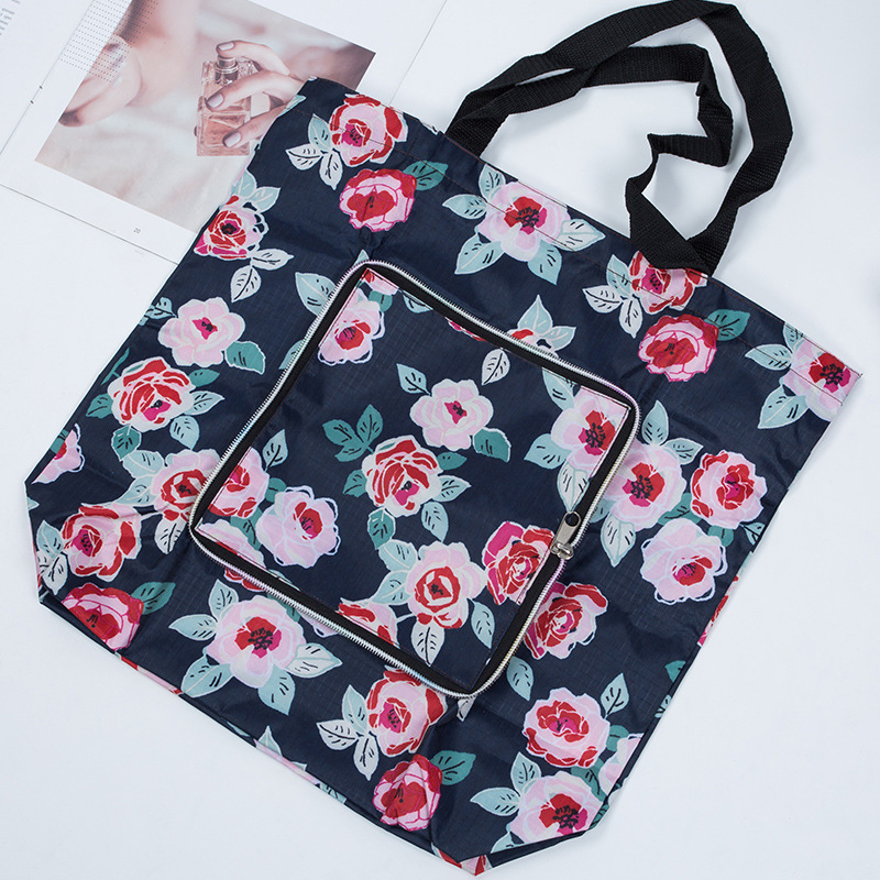 2019 New Small Floral Folding Shopping Bag with Zipper Storage Shopping Bag Environmental Protection Polyester Handbag