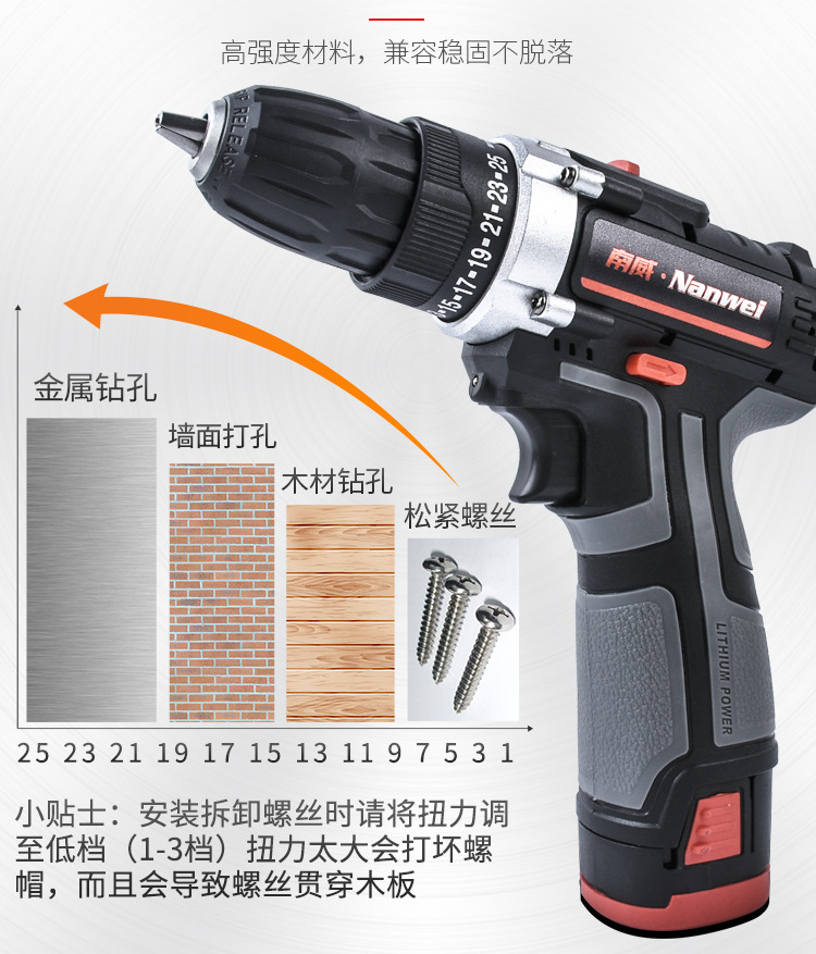 德国南威18v双速充电钻锂电钻迷你手电钻手枪钻电动螺丝刀冲击钻
