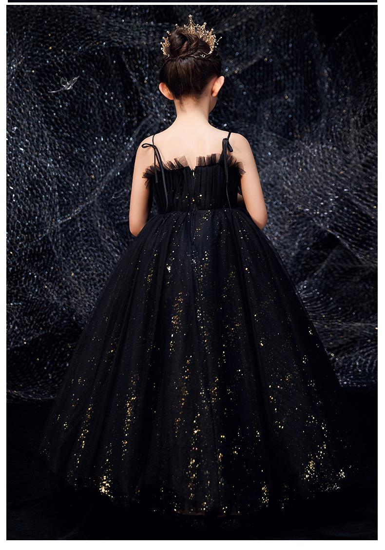儿童晚礼服女童公主裙蓬蓬纱黑色模特走秀钢琴表演服小女孩演出冬