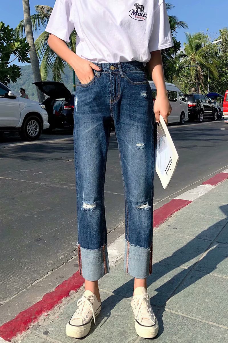 韩版卷边九分牛仔裤