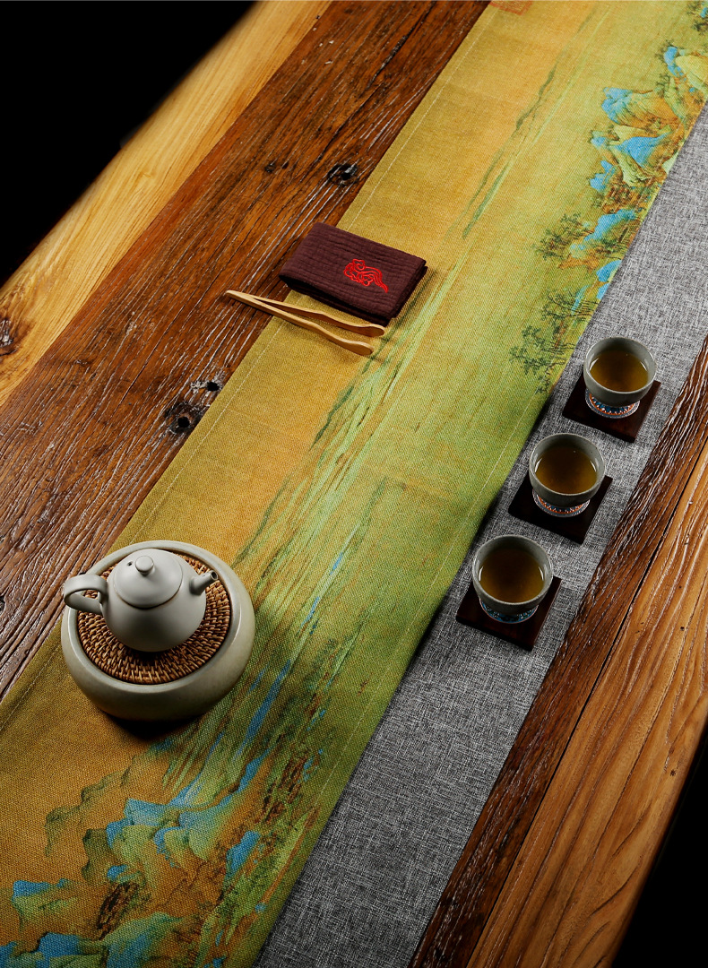 中国风茶桌布艺棉麻禅意印花茶席麻布防水长方形中式台布茶几桌旗