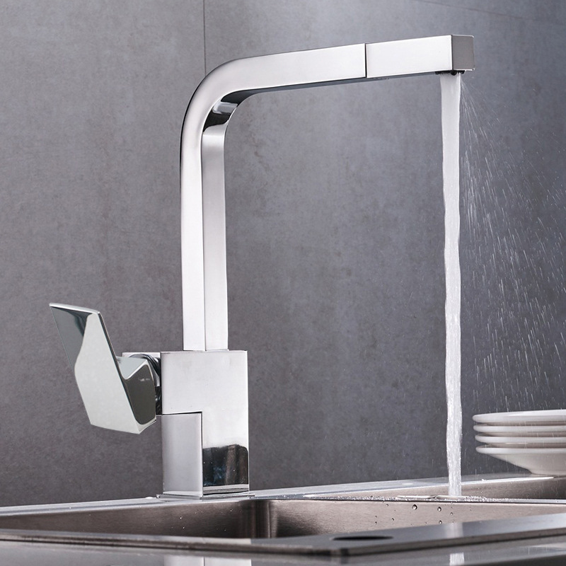 黄铜高档厨房水槽菜盆抽拉式冷热水龙头 方形镀铬单孔单把水龙头