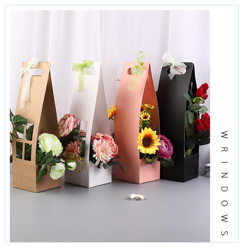 现货手提花盒鲜花包装盒纸盒 网红简约镂空田字格插花盒鲜花盒子