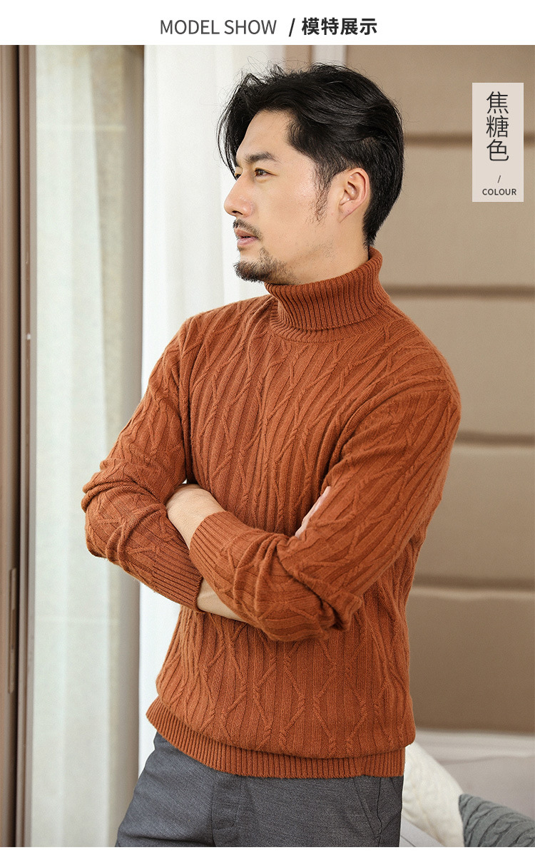 2019新款高领羊绒衫男冬季加厚青年修身绞花保暖纯色羊绒打底毛衣