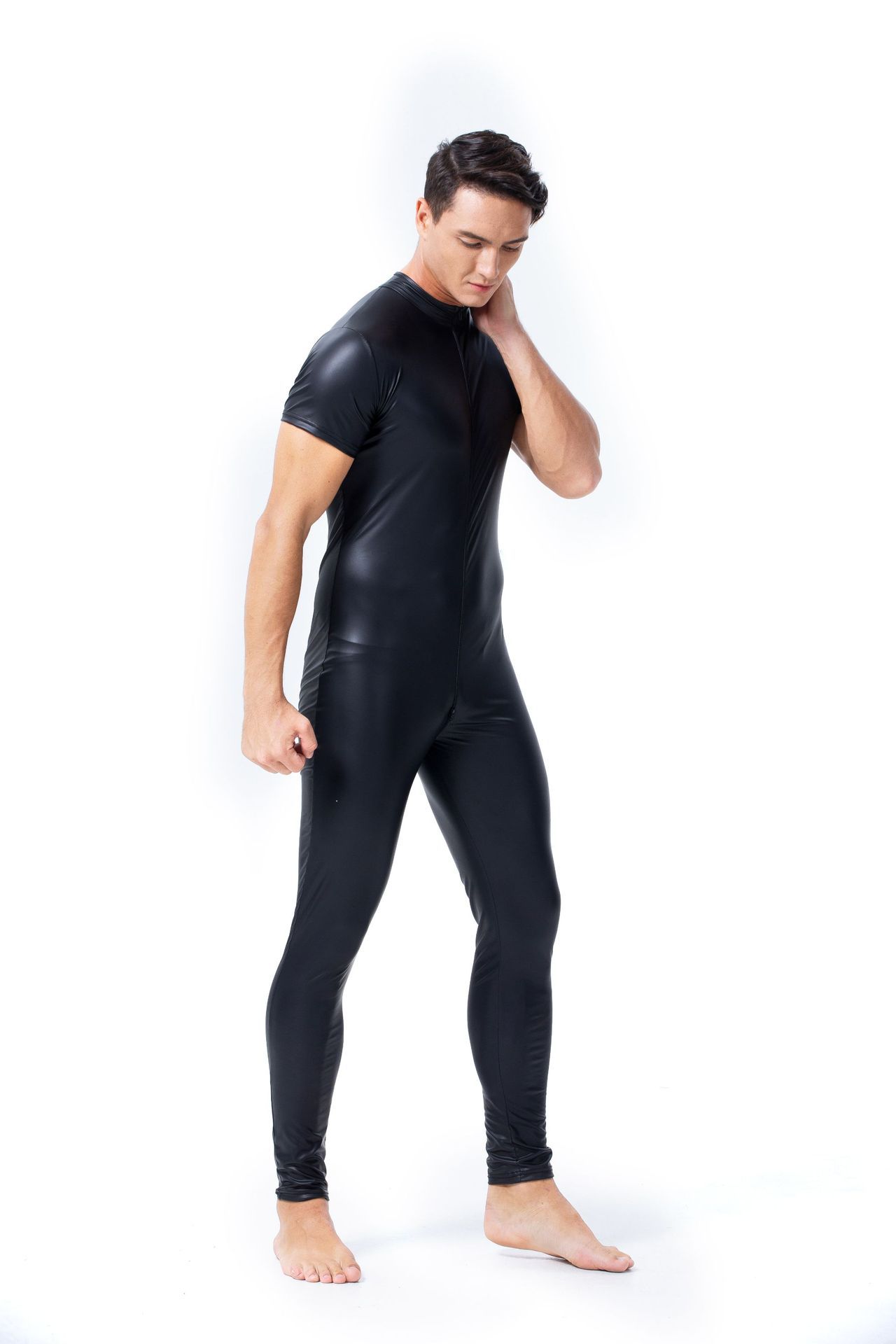 欧美性感男士开裆夜店舞台ds演出服仿皮装漆皮紧身连体衣双拉链头