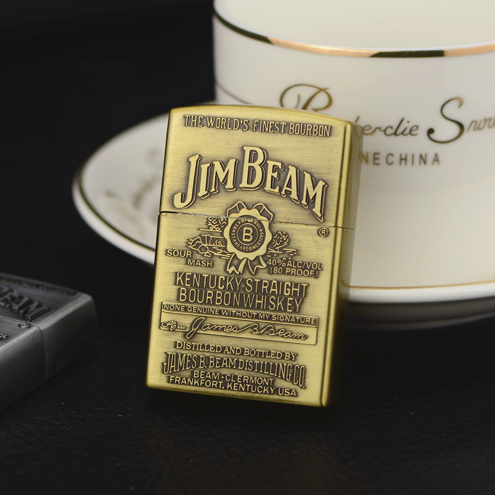 jim beam占边充气金属防风打火机火石气体砂轮明火青铜浮雕酒标男