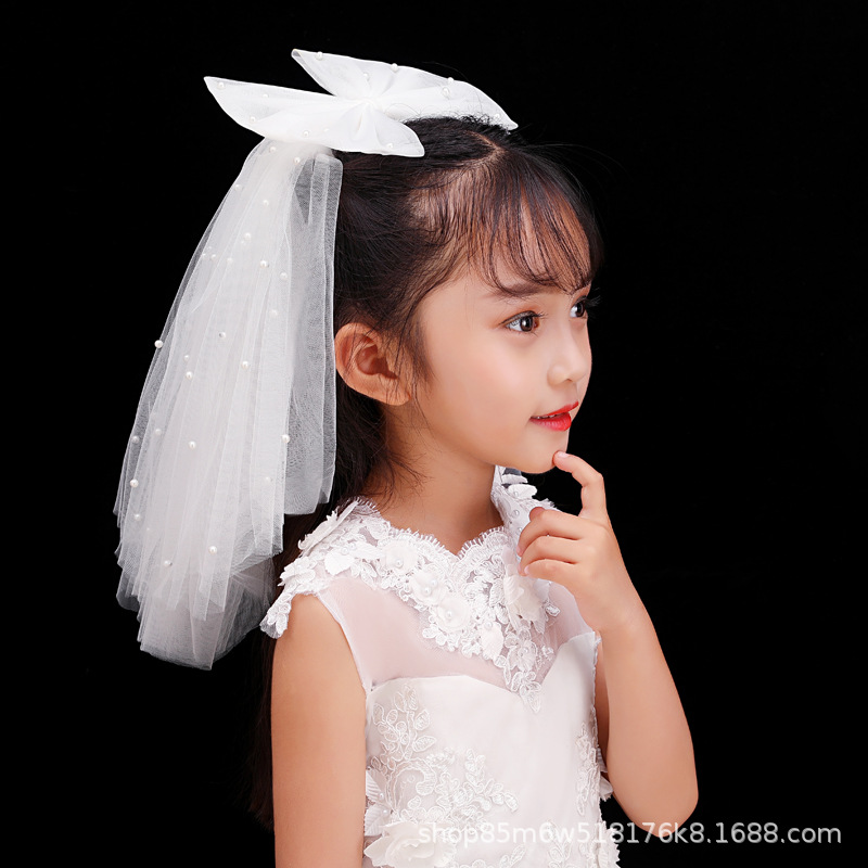 新款多层珍珠蝴蝶结小头纱女孩儿童演出拍照写真头饰新娘头纱批发