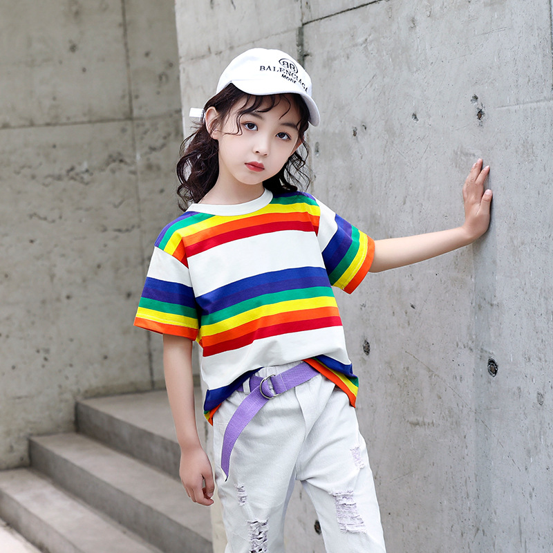 童装2021潮夏季女童新款中大童彩色条纹短袖t恤洋气简约一件代发1